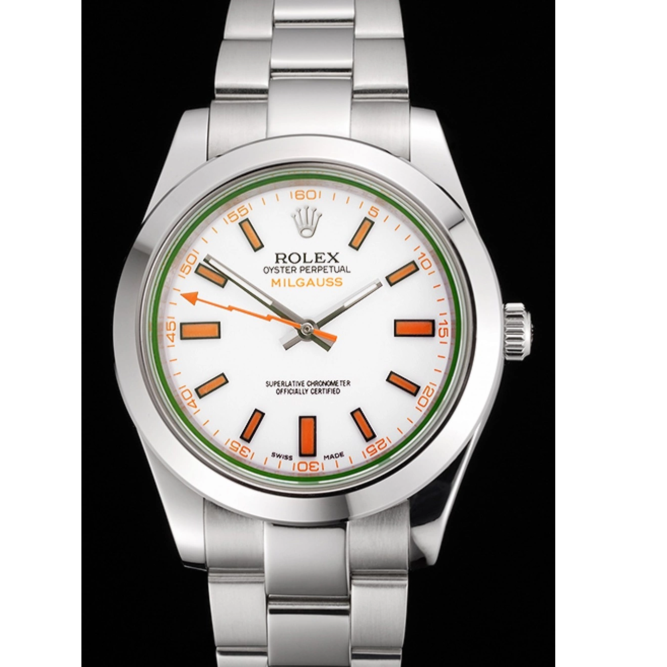 Rolex copies cheap Steel Case White Rolex Stainless Dial Bracelet Swiss Orange Milgauss And Markings 0612